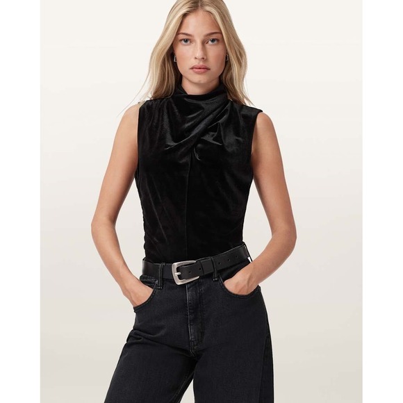 All Saints Tops - NWT All Saints Tia Velvet Sleeveless Mock Neck Top Black Size 10 Minimalist Goth